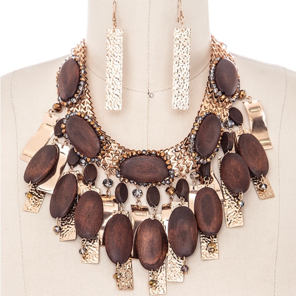 Brown & Gold Wooden Bead Layered Statement Necklace